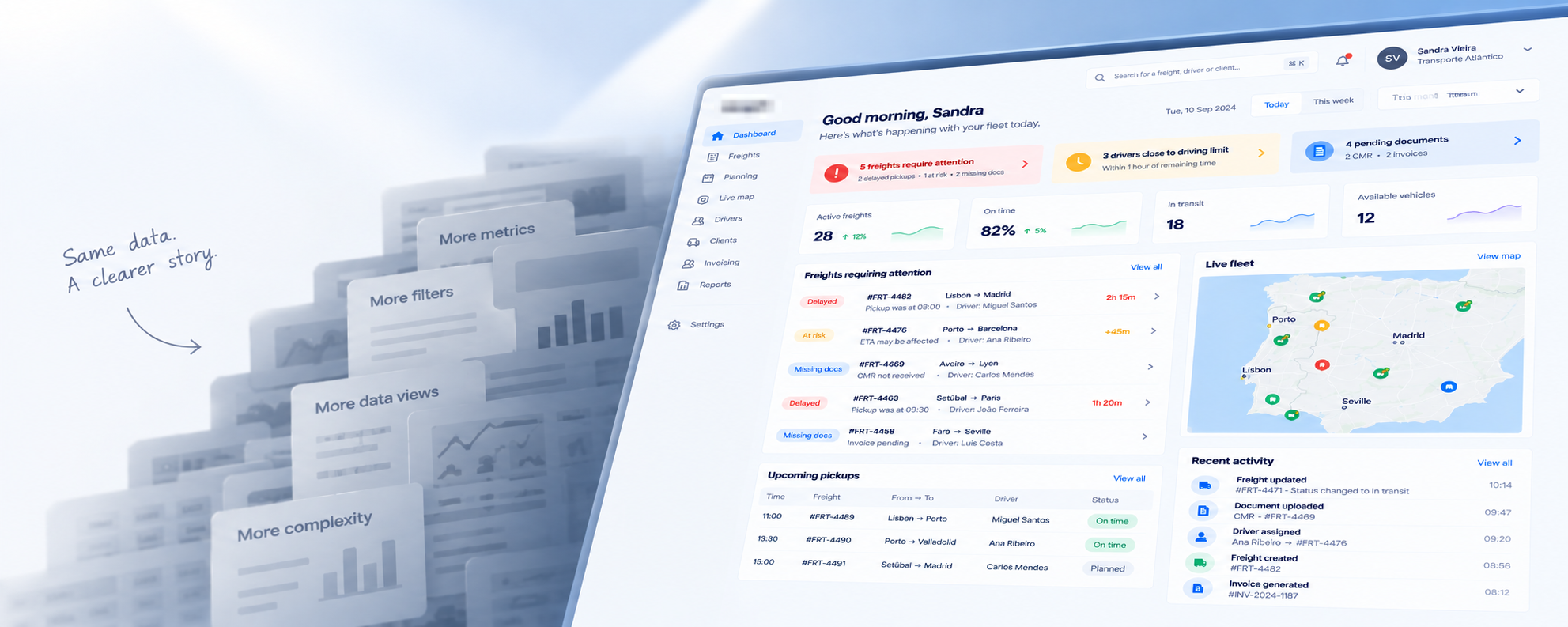 Freight management dashboard with a clearer story around attention and fleet operations